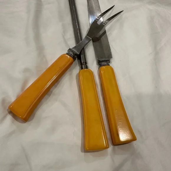 Vintage Three Piece Carving Set Butterscotch Bakelite Handle - Picture 11 of 11